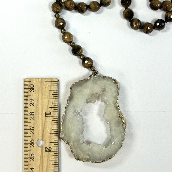 Vintage Hand-knotted Faceted Tiger’s Eye Gemstone Beaded Necklace Druzy Pendant - Picture 4 of 6